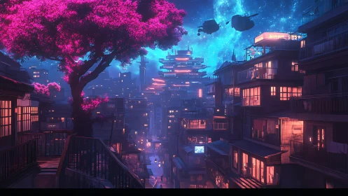 Neon city glow beneath a dreamy pink sakura night sky.