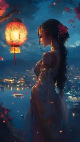 Midnight lantern dreams beside a glowing riverside city.