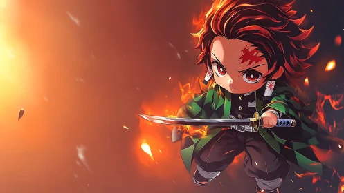 Fiery chibi swordsman charges forward through blazing embers