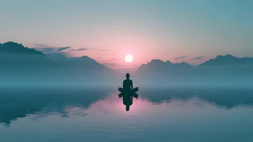 Solitary dawn meditation over glassy mistlit waterscape.