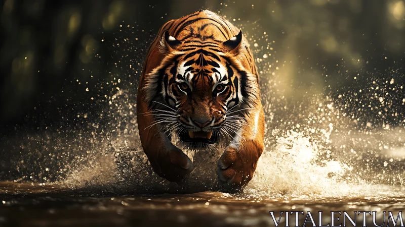 Charging tiger explodes through golden water in mid hunt