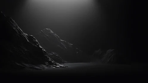 Dimly illuminated rocky terrain under focused overhead light.