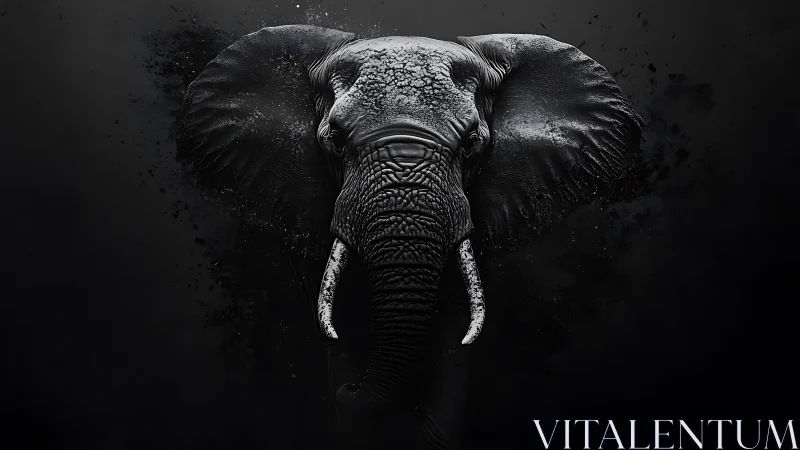 Elephant head portrait in dark monochrome digital art.