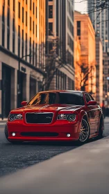 Crimson luxury sedan cruising through golden city canyons.