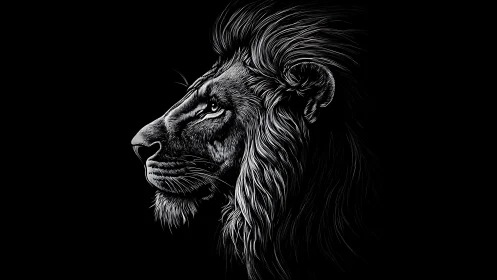Monochrome lion profile illustration with dramatic rim lighting.