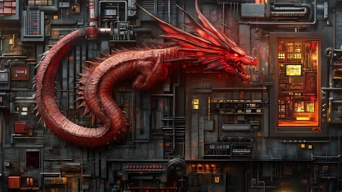 Cybernetic red dragon coiled through industrial circuitry wall.
