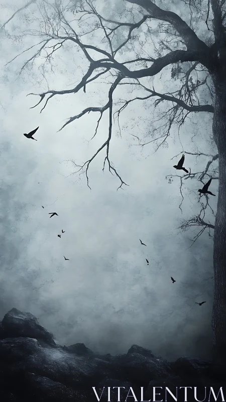 Bare winter tree and circling crows emerge in misty monochrome sky