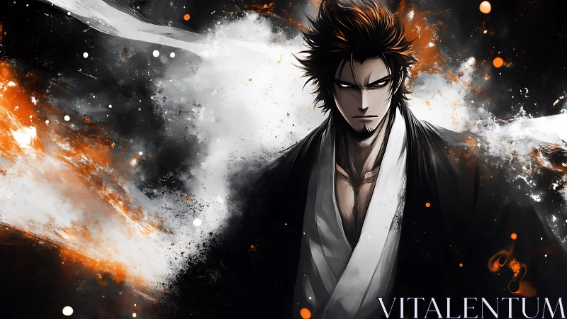 Intense anime swordsman amid swirling fiery energy.
