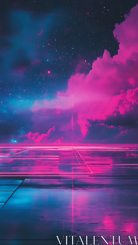 Neon horizon grid beneath magenta nebula sky, vertical format.