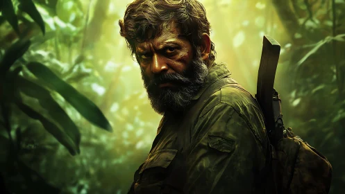 Weathered jungle sentinel with rifle and haunted gaze.