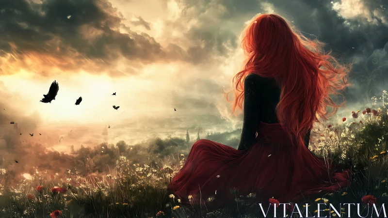Red-haired figure overlooking stormlit valley at dusk.