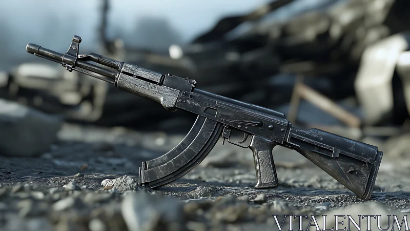 Weathered tactical assault rifle rendered on debris ground