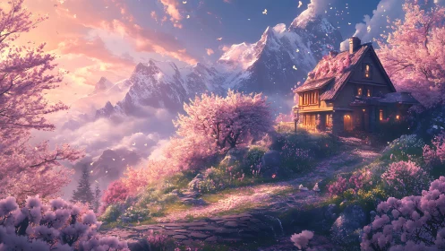 Gentle spring cabin rests under glowing pink mountain skies