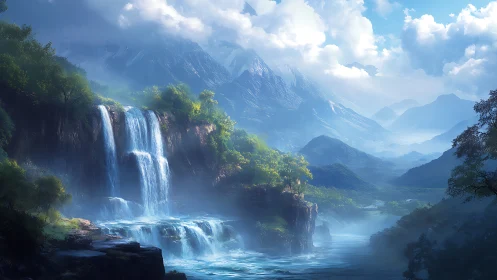 Cascading skyfall over mist-clad valley of painted mountains.
