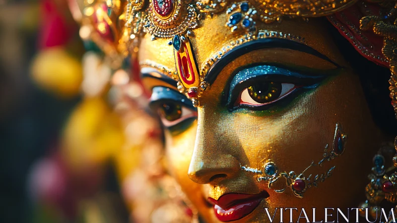 Close-up view of ornate golden deity sculpture face detail.