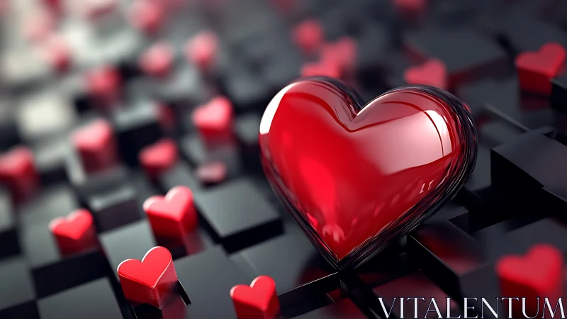 Crystalline Hearts on Geometric Grid: 3D Rendered Romance.