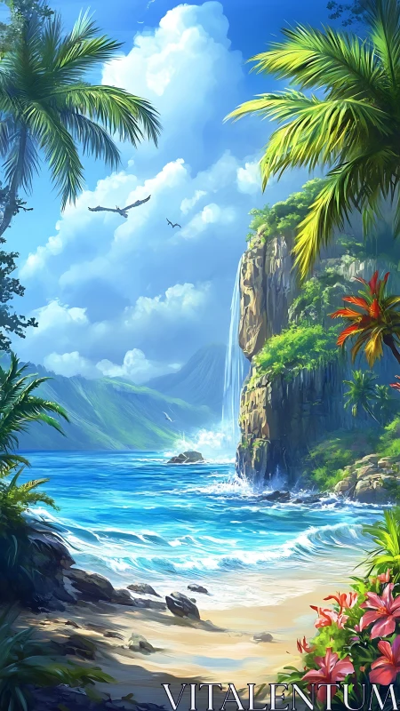 Tropical Coastal Waterfall with Basalt Cliff Formations.