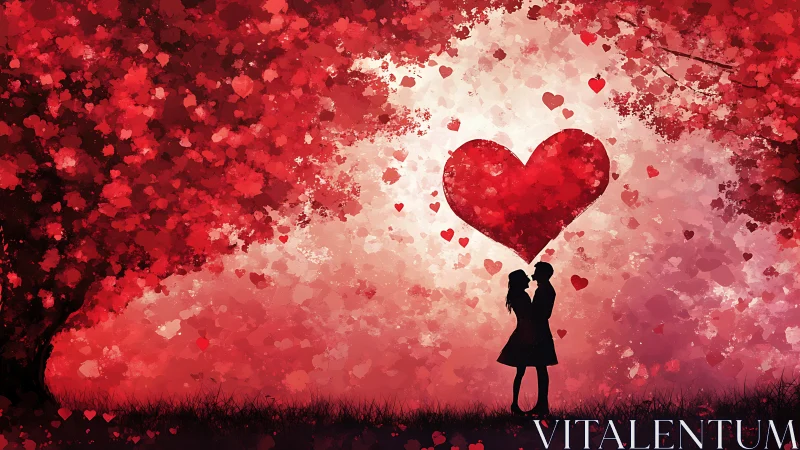Silhouetted Couple with Large Heart Against Particle Background