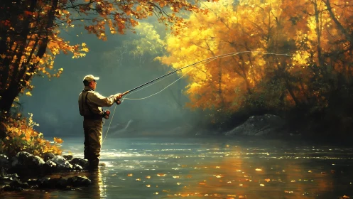 Fly fisherman casts line across sunlit autumn river scene.