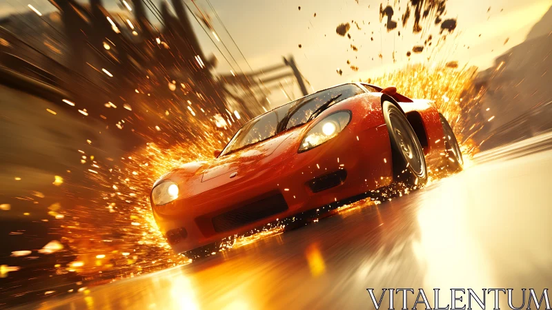 Red supercar drifts through sparks on blazing city street.