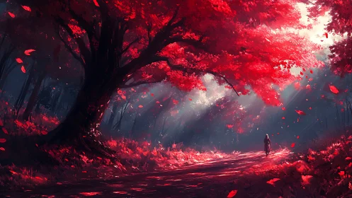 Crimson forest path beneath towering luminous canopy.