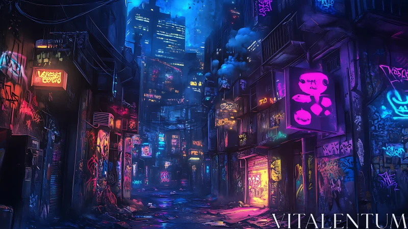Neon graffiti alley hums while midnight skyscrapers watch