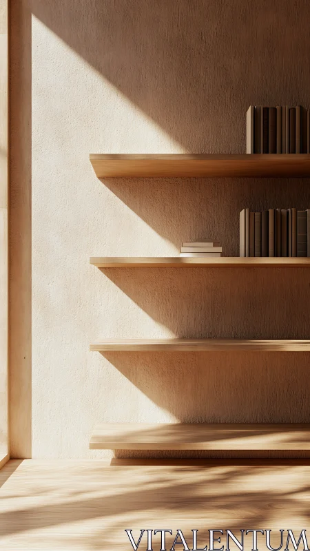 Sunlit wooden shelves holding quiet, well loved books.