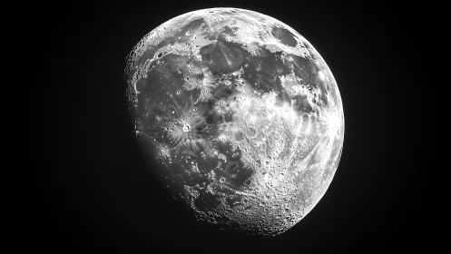 Detailed monochrome close-up of the Moon’s cratered surface.