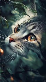 Amber-Eyed Cat Among Foliage: Hyperrealistic Digital Portrait.