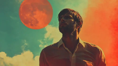 Man in warm surreal sky under large orange moon.