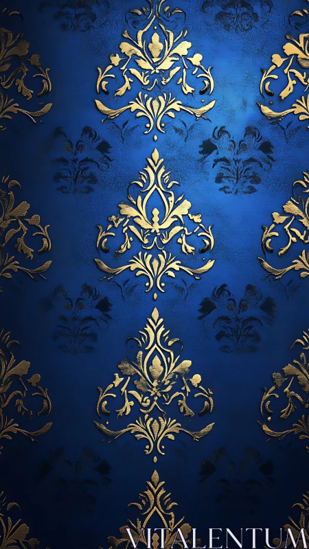 Ornate gold damask pattern over deep royal blue background.