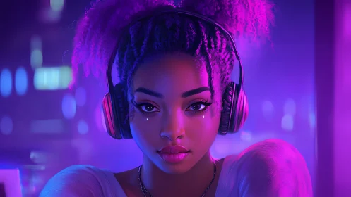 Neon-lit girl with headphones in cinematic cyber glow.