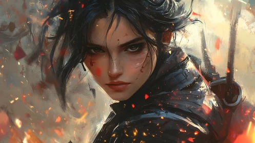 Digital painting portrait of fierce warrior amid embers.