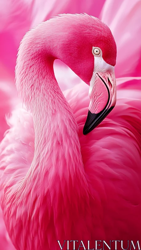 Close-up bright pink flamingo portrait with curved neck.