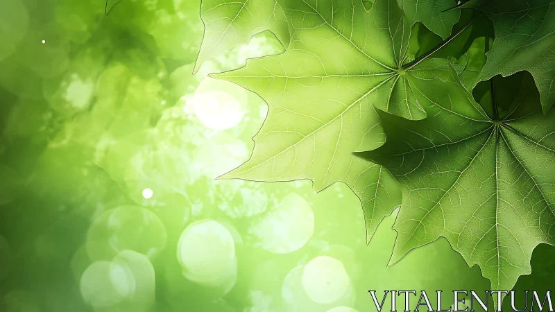 Sunlit maple leaves over dream-bright forest bokeh glow.