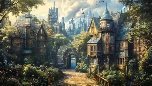 Sunlit fantasy village street before towering hilltop castle.