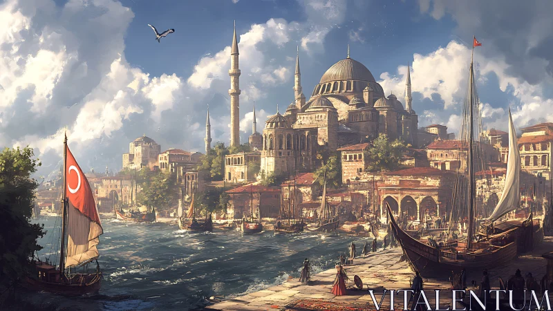 Sunlit harbor city with grand domes and lively sails.