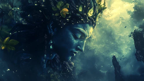 Dreaming sky goddess resting between leaves and starlight.