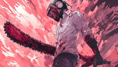 Chainsaw warrior stands amid crimson explosive motion.