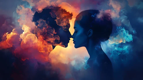 Dual-Profile Silhouette with Volumetric Cloud Morphing. Warm-Cool Chromatic Contrast.