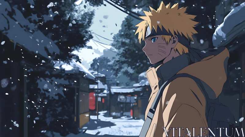 Snowlit wanderer drifts through quiet anime village streets.