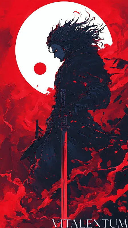 Crimson vector samurai silhouette under eclipsed solar disc.