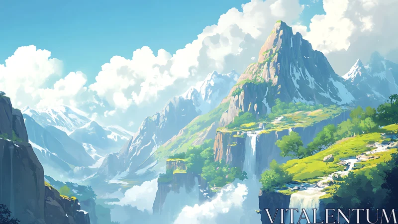 Stratified alpine massif with cascading plateau waterfalls rendered.