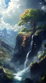 Sunlit cliffside tree welcomes a soaring mountain waterfall