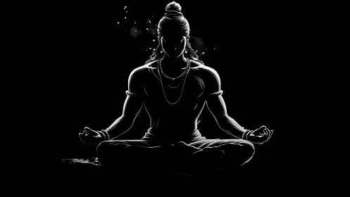 Meditating yogi silhouette glows in tranquil monochrome void