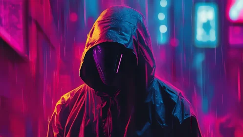 Hooded wanderer in neon rainlit cyberpunk streets.