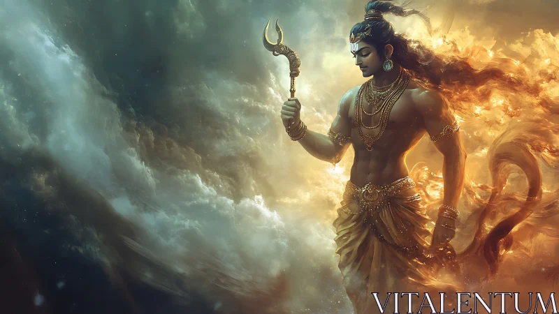 Mythic warrior deity amid swirling celestial stormscape.