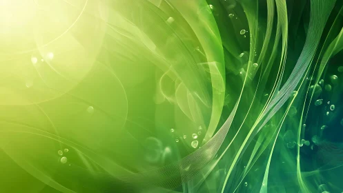 Luminous green waves swirl through abstract fluid light.