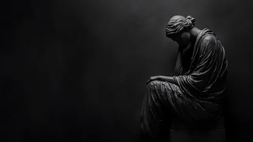 Side-lit seated statue isolates draped form in deep negative space