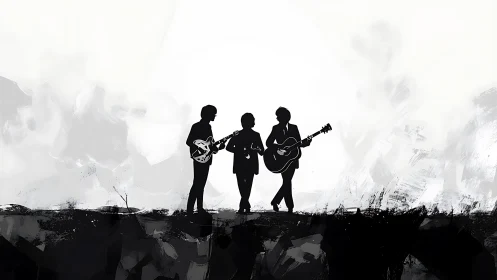Silhouetted rock trio plays guitars against abstract horizon